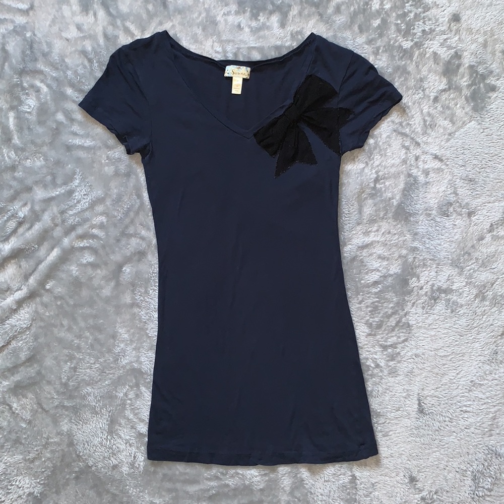 Susina Navy V Neck Tee with Black Lace Bow Detail
